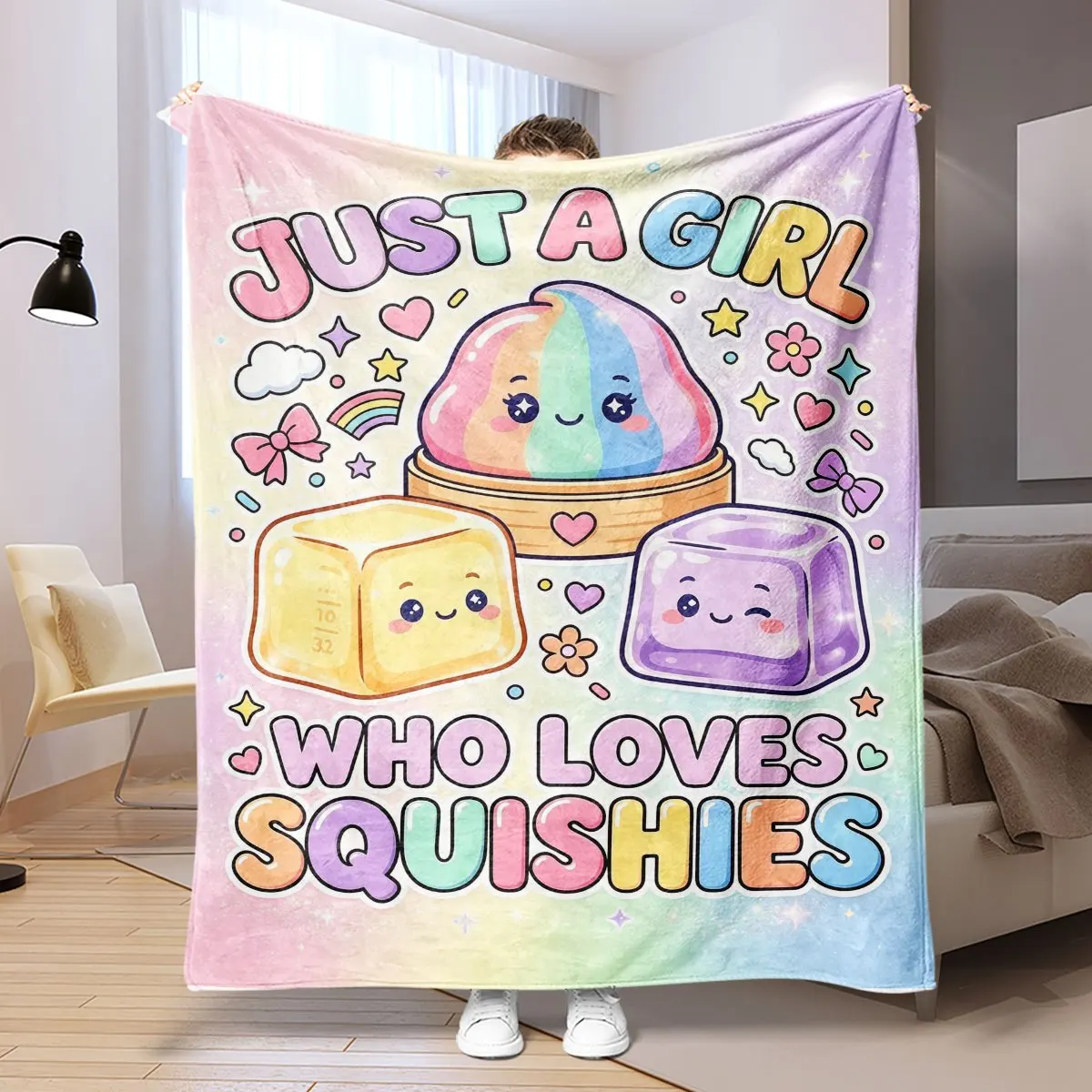 Just A Girl Who Loves Squishies Cute Kawaii Unicorn Rainbow Cartoon Throw Blanket for Girls Room Decor