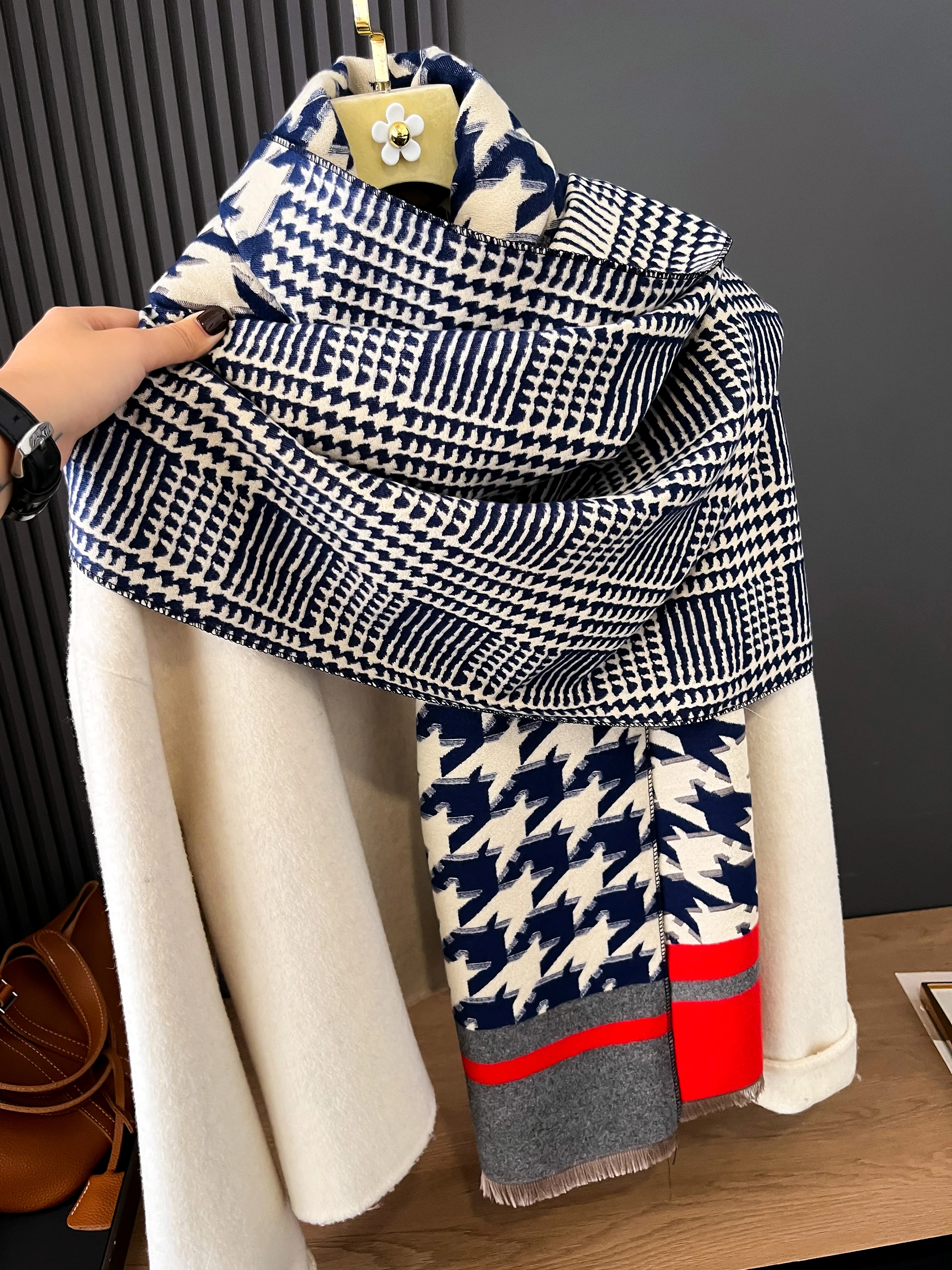 Luxury Cashmere Sacarf For Women Houndstooth Thick Winter Blanket With Tassel Large Shawl And Wrap Bufanda Warm Mantilla