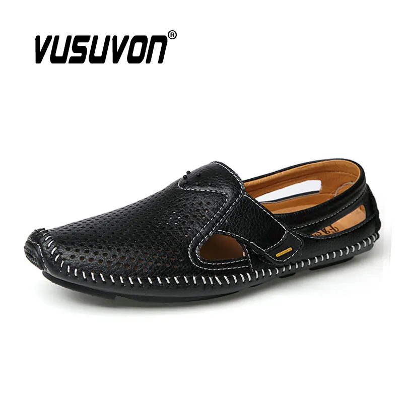 Men Genuine Cow Leather Sandals Dress Shoes Casual Flats Fashion Business Moccasins 38-48 Big Size Breathable For Beach