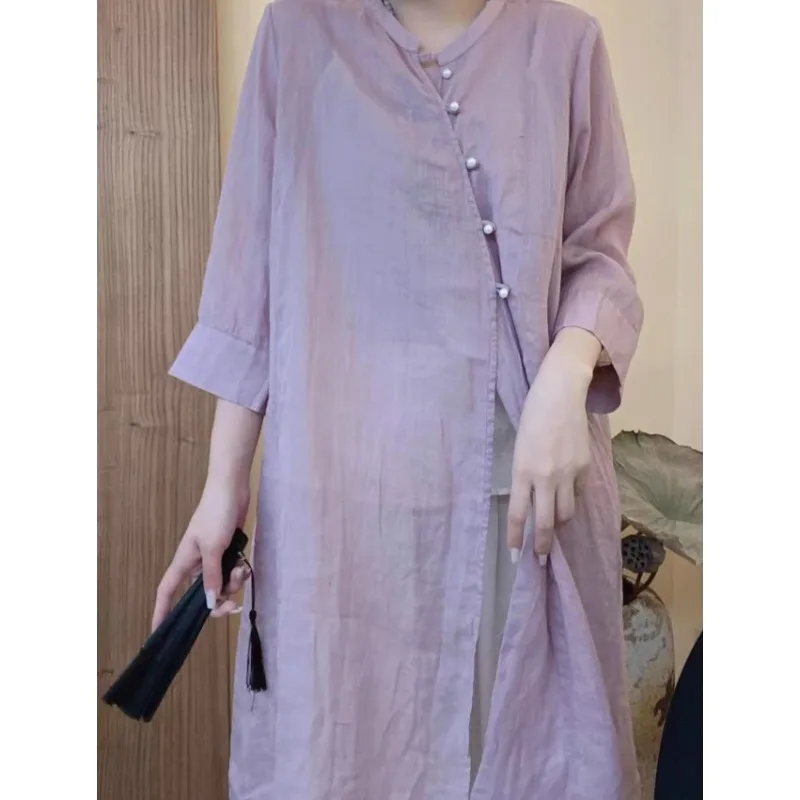 

plus Size Women's Shirt Spring Summer New Cotton Linen Pearl Buttoned Coat Medium Length Top Commute Style Artistic Design