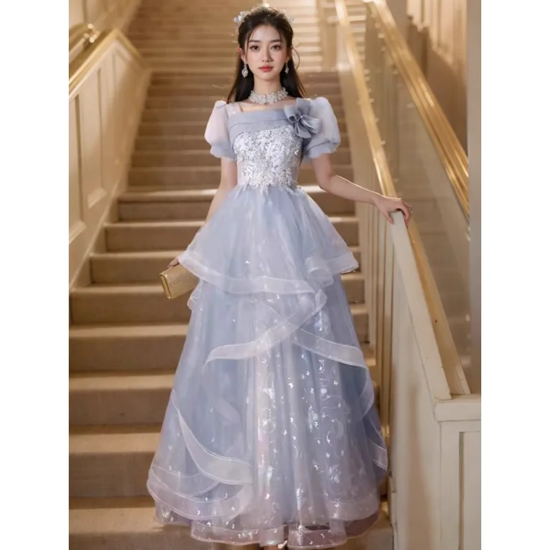 

Blue Dress Dress Female Banquet Host Model High-end Light Luxury Birthday Dress for Women