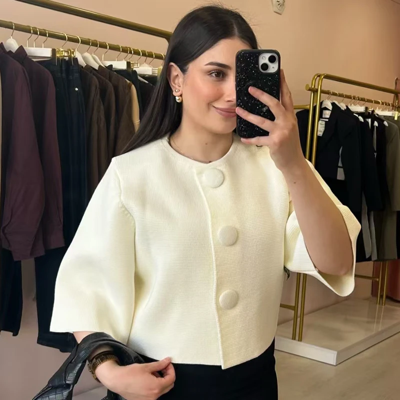 HXAO Women's Cropped Knit Cardigan Summer 2026 Elegant Off White Button O-Neck Short Sleeve Tops For Woman Resort Bolero Sweater 36 S5a8730bbab0d40fbba0b1fbe893d8c8fT
