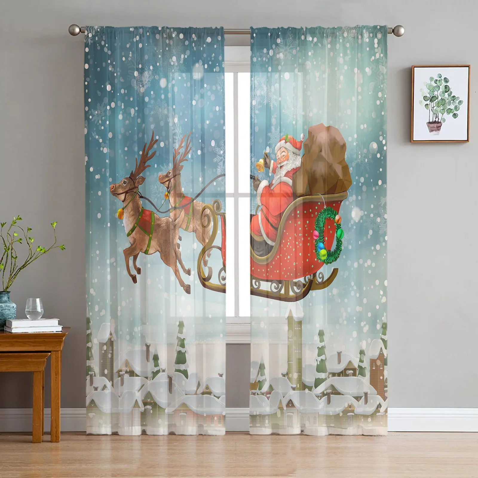 Christmas Santa Claus Elk Village Snowing Sheer Curtains for Living Room Decoration Window Curtains Kitchen Tulle Voile Curtains