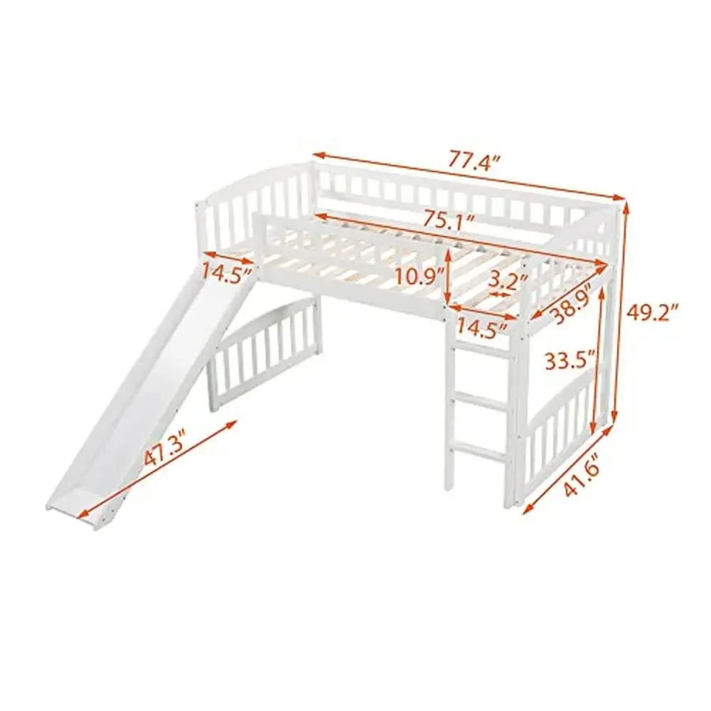 Kids Twin Loft Bed with Slide and Ladder White Pine Wood Low Loft Bed Boys and Girls Pet Friendly Sturdy Construction Modern