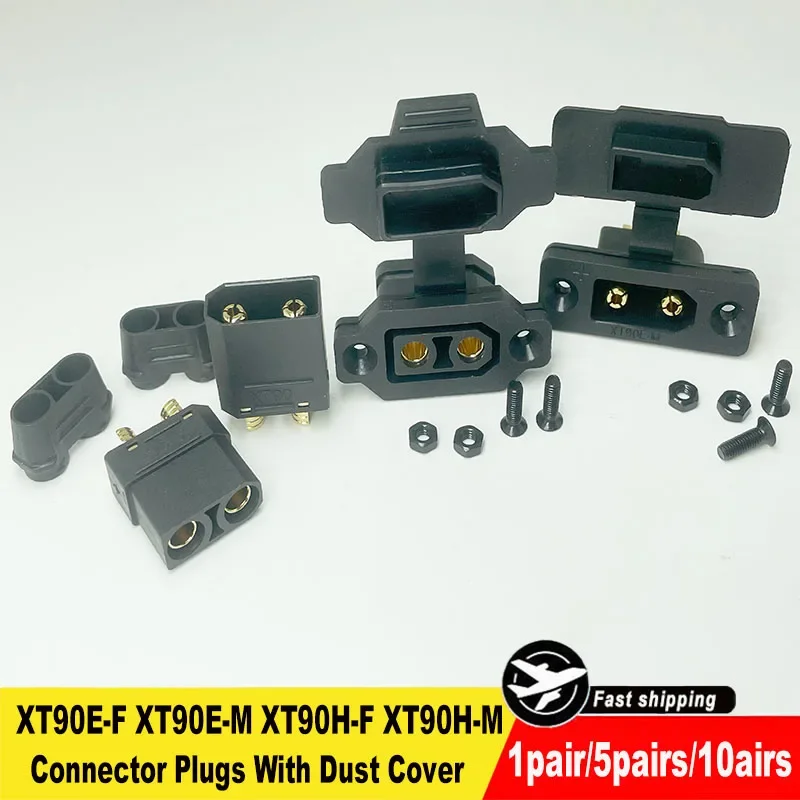 1/5/10 pairs of XT90 male/female connectors (black) XT90E-F/XT90E-M panel and mounting base connector plugs (with dust cover)