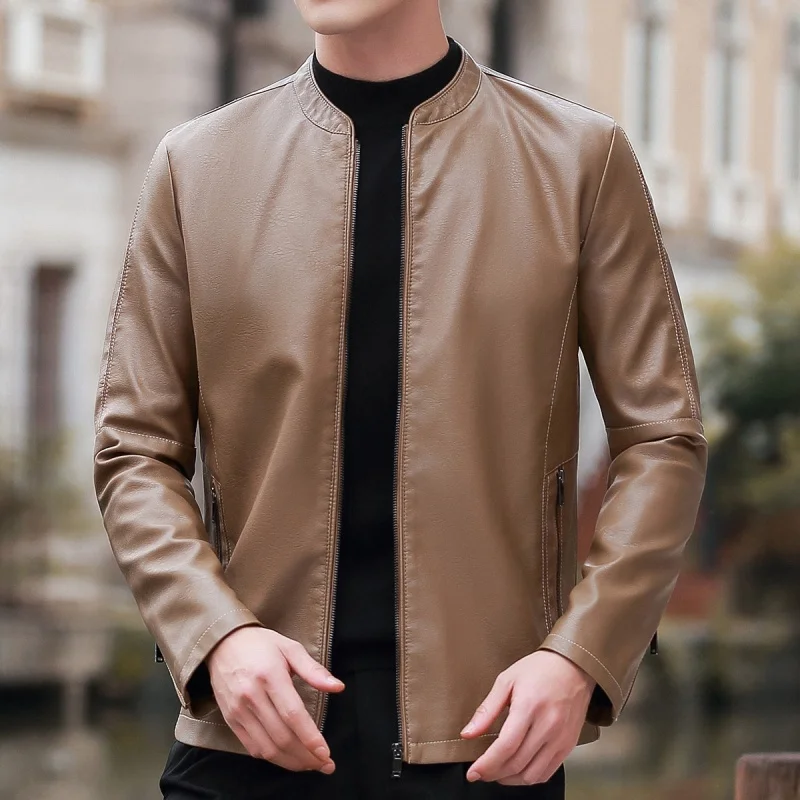 

Модная тонкая куртка из искусственной кожи для мужчин, приталенная, с воротником-стойкой, повседневная, простая верхняя одежда, молодежный стиль, эксклюзивно онлайн