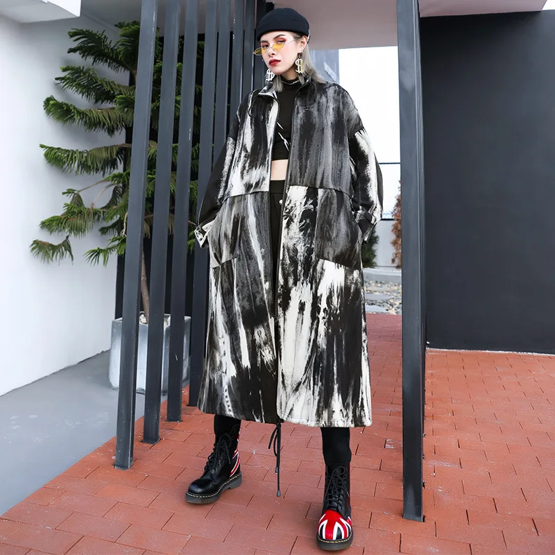 

French Retro Tie-dye Stand-up Collar Trench Coat Women's Autumn New Loose Casual Personalized Cardigan Jacket