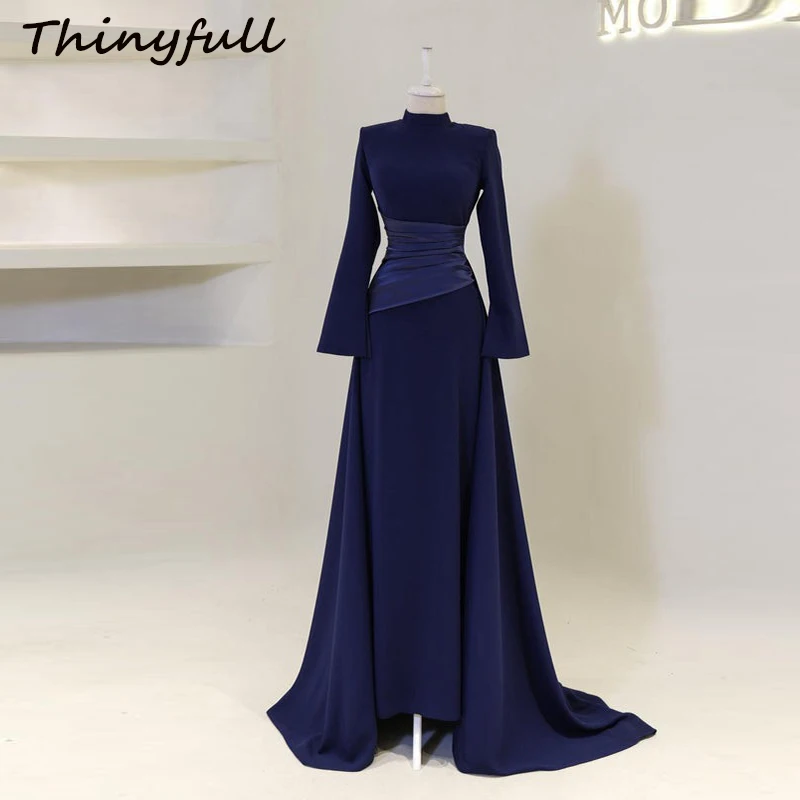 

Thinyfull Mermaid Muslim Engagement Dress High Neck Full Sleeves Prom Dresses Satin Long Evening Gown robes de soirée Customized