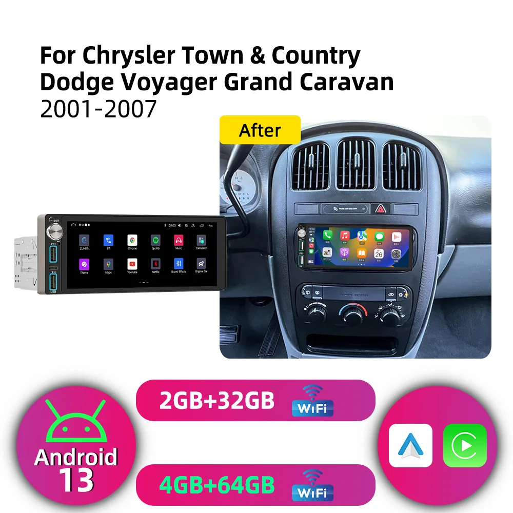 Estéreo para Auto Android de 6.86" con CarPlay, 1 Din, GPS para Chrysler Town & Country, Dodge Voyager, Grand Caravan 2001-2007, Radio Multimedia