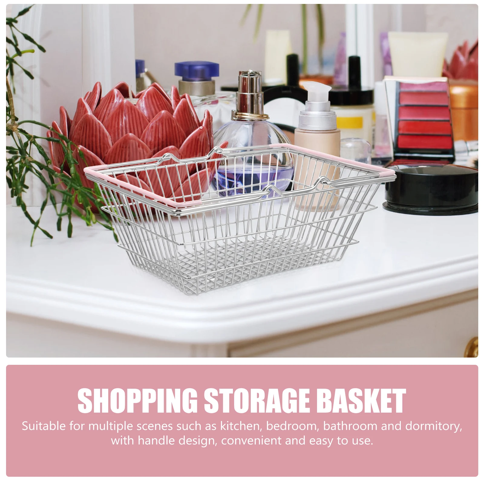 

1pc Pink Large Basket Handheld Storage Basket With Handle Storage Solution for Bedroom Bathroom Kitchen Dormitory Portable