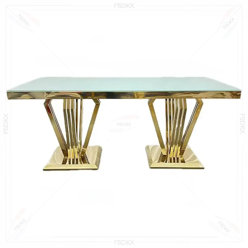 

FSDKX Gold Two Legs Table Sets Dining Stainless Steel Rectangle Modern Wedding Furniture Dining Table