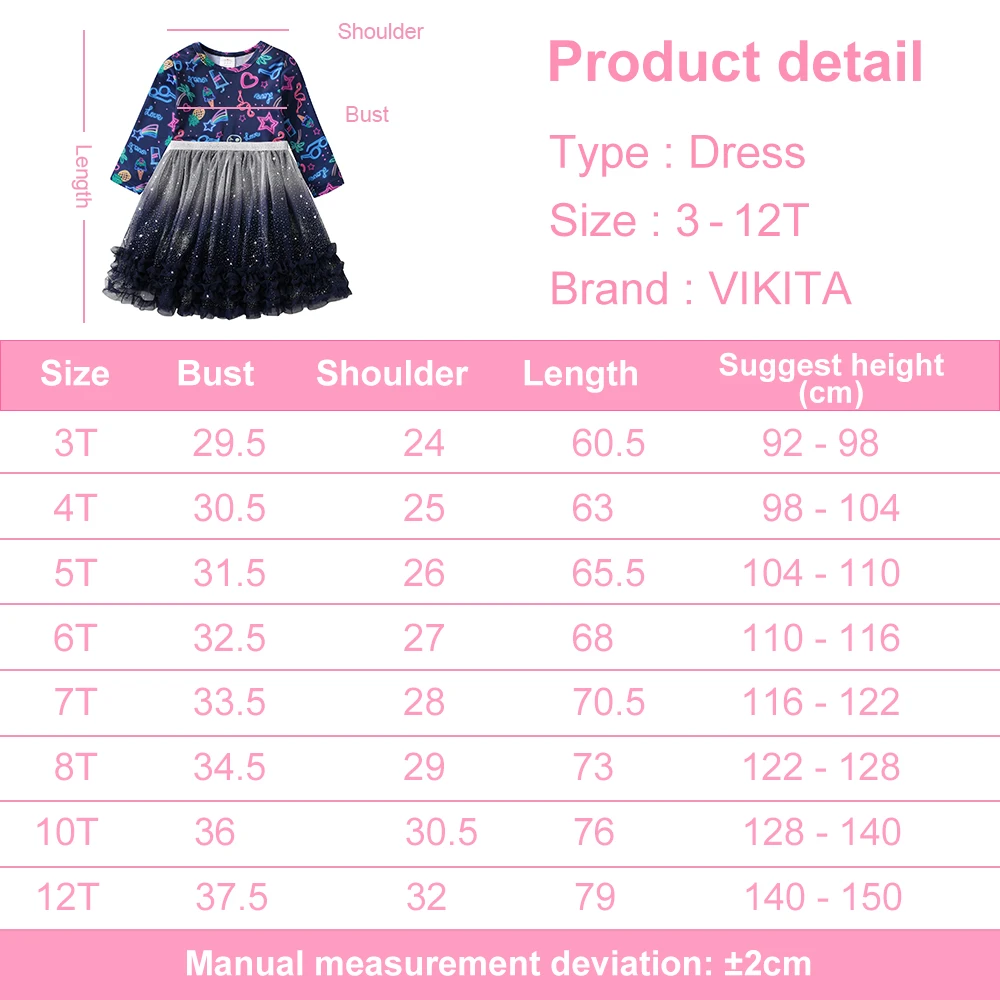 VIKITA Girls Cartoon Print Dress Kids Gradient Birthday Party Performance Prom Gown Patchwork Layered Tulle Tutu Mesh Princess