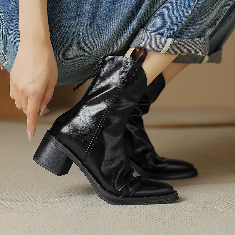 2023 New Autumn Boots Women Split Leather Shoes for Women Round Toe Chunky Heel Shoes Retro Zipper Short Boots Black Ankle Boots