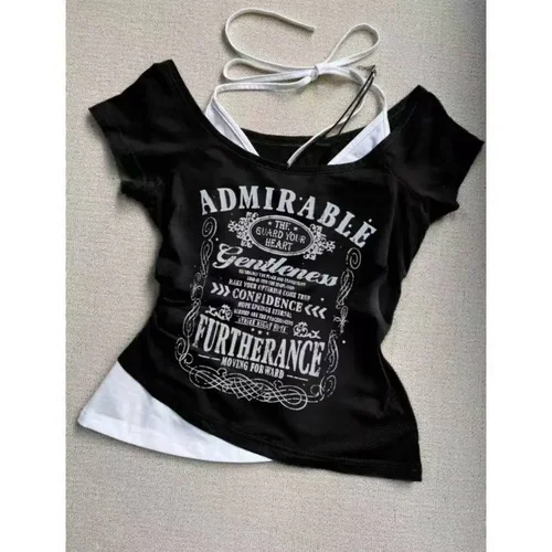 Imagen 2 del producto Camisetas Vintage de dos piezas falsas con cuello Halter para mujer, Tops cortos ajustados estéticos Y2k, camiseta Sexy informal Harajuku con estampado Grunge de verano