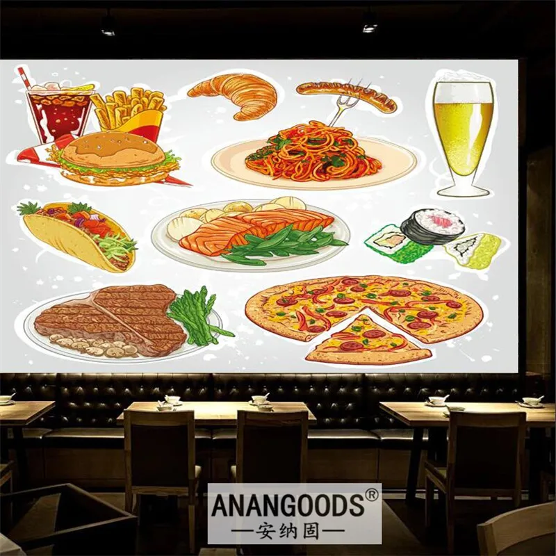 

Custom Fast Food Wall Paper 3D Burger Spaghetti Sausage Croissant Taco Pizza Salmon Steak Sushi Soda and Beer Mural Wallpaper 3D