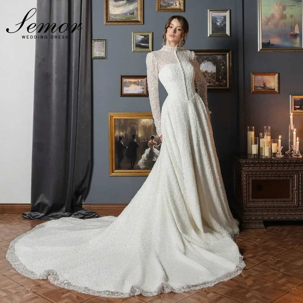 Semor Charming Lace Beading Mermaid Wedding Dress O-Neck Full SleeveButton Pleat Vestido De Novia With Chapel Train Customized