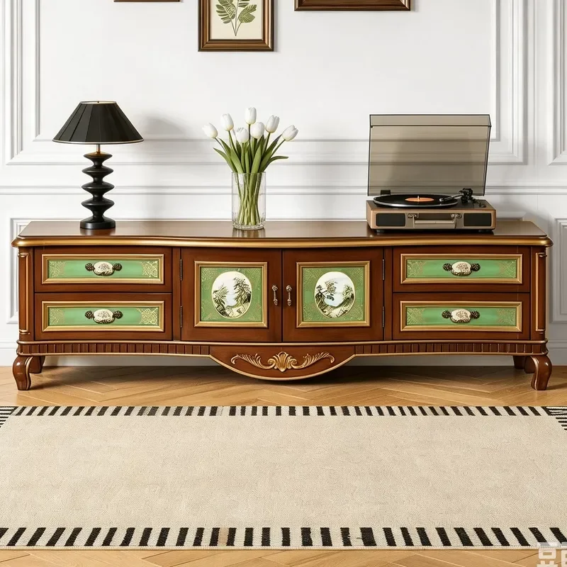 Retro Floral Decorative Cabinet Green Gold Engraved 4 Drawer Living Room Storage Locker TV Stand