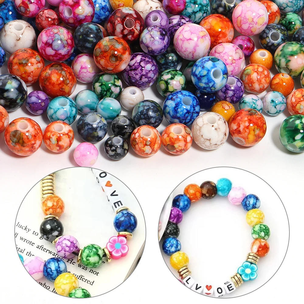 50-100pcs/lot 8/10/12mm Crackle Floral Pattern Acrylic Beads Round Loose Spacer Beads For Jewelry Making DIY Necklace Bracelet