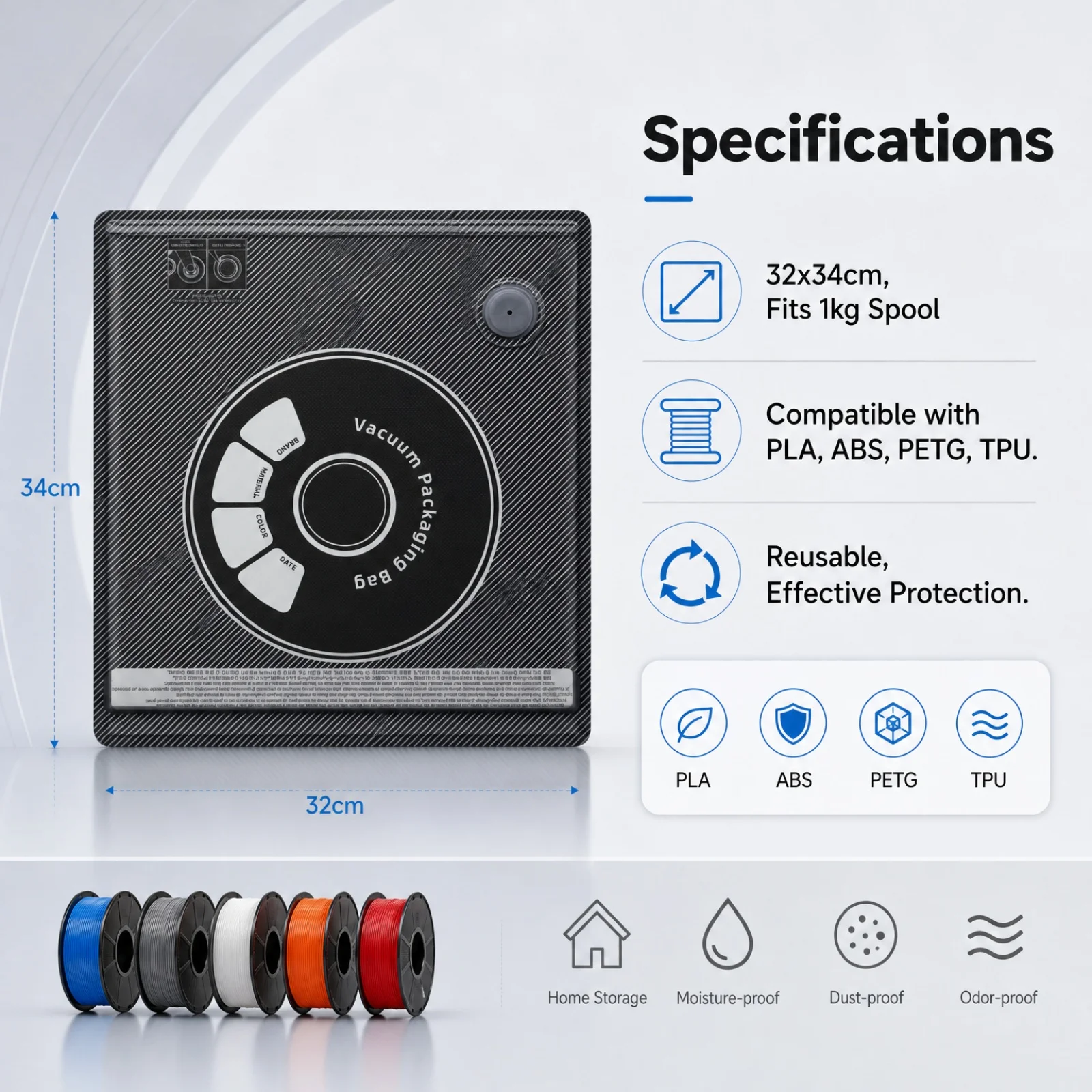3.0 Upgraded Vacuum Storage Bag for 3D Filament·Thickened Material&New Leak-Proof Structure,Moisture Protection for PLA ABS PETG