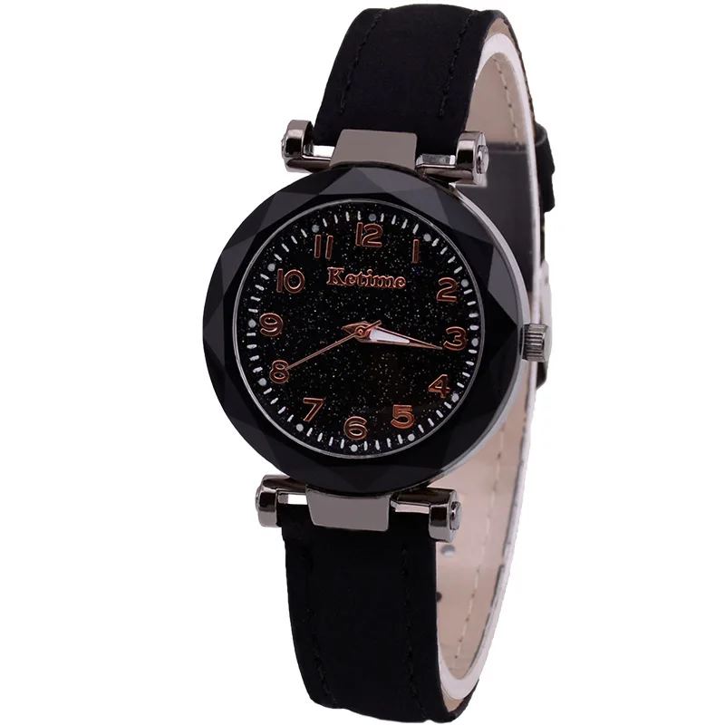 

Zwarte Sterrenhemel Heldere Vrouwen Horloge Koreaanse Rose Goud Quartz Horloge Dames Horloge Mode Lederen-Riem Horloge