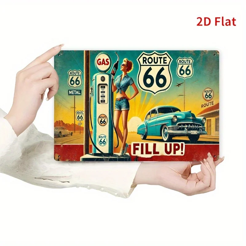 Vintage Route 66 Metal Tin Sign - Retro Wall Decor for Home, Bar, Cafe, Garage, Farmhouse, Gas Pump & Classic Car Design, /30x2