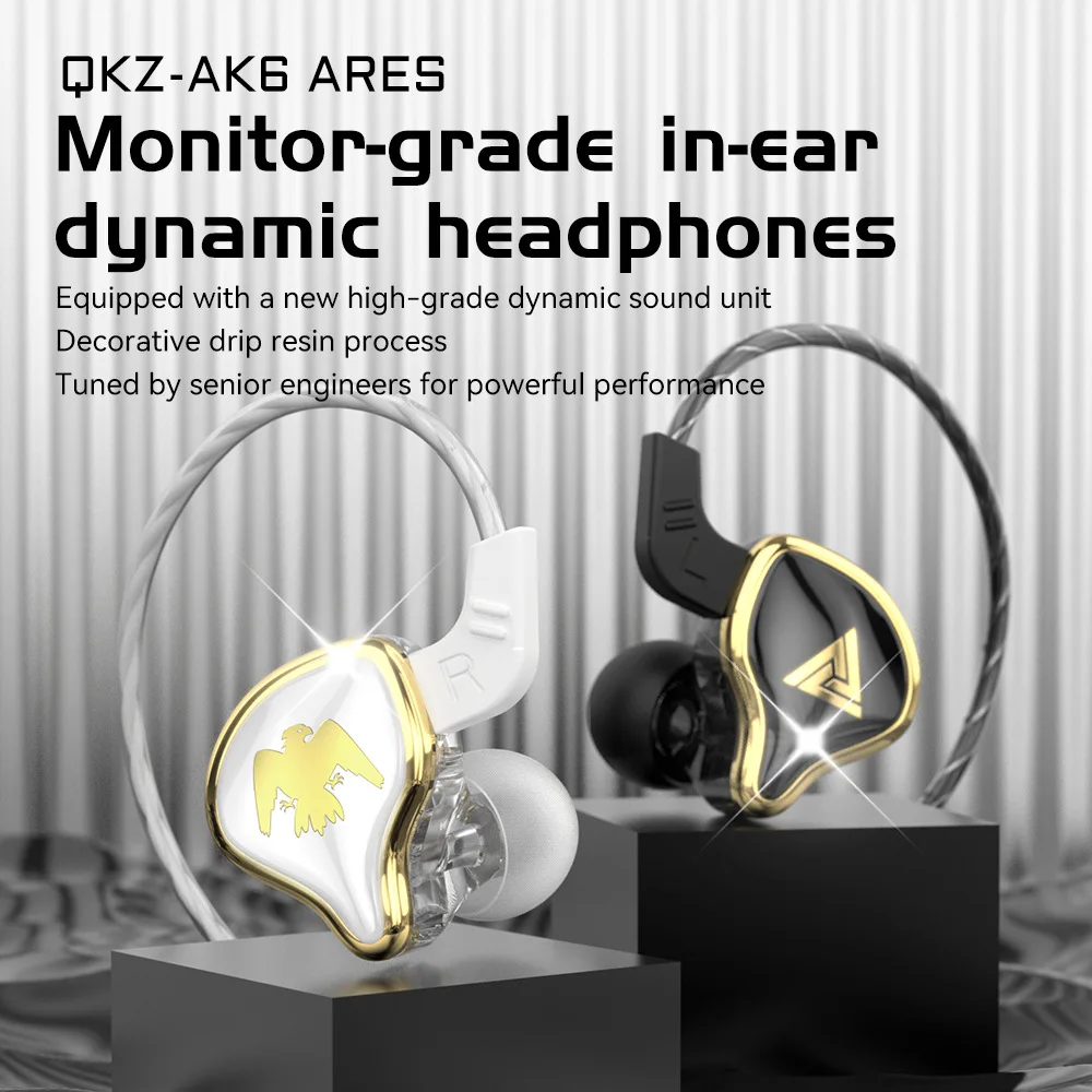 QKZ AK6 Ares Auscultadores Dinâmicos, Cabo Destacável, HIFI, Música, In Ear, Cancelamento de Ruídos, Desporto, Gaming Headsets, PK, EDX, PRO, 1DD, Original