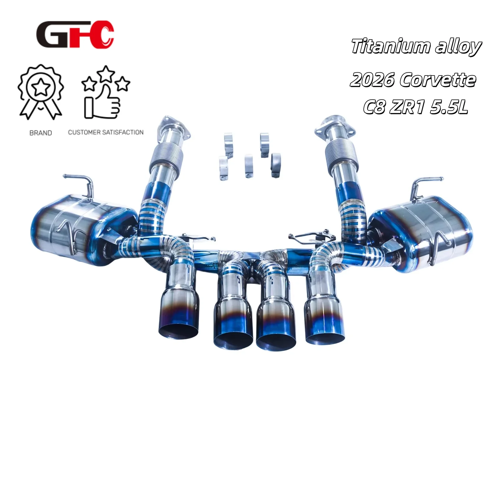 

Suitable for 2026 Corvette C8 ZR1 5.5L titanium alloy tail section, double drum, double valve, tip exhaust with four outlets