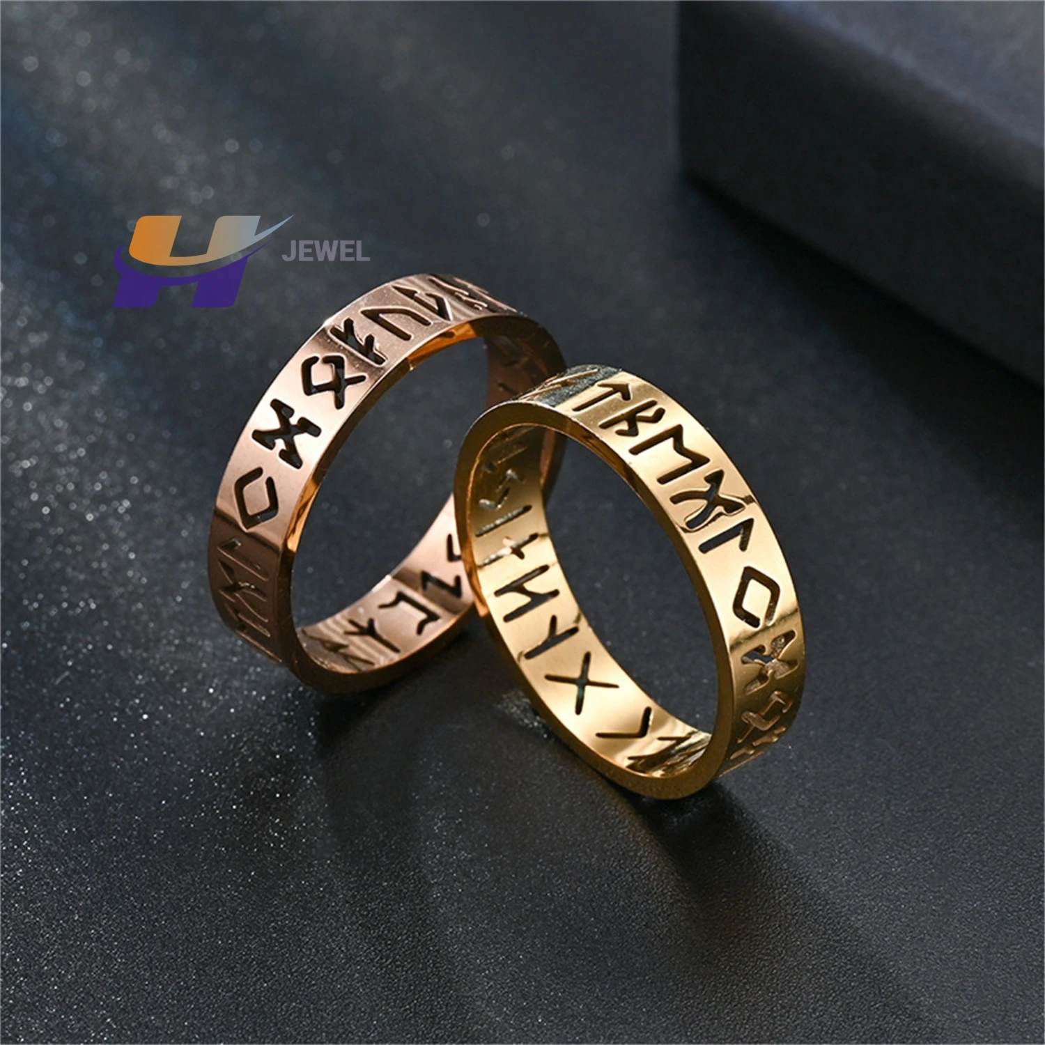 Nordic Viking Rune Engraved Stainless Steel Hollow Out Titanium Coated Ring Punk Jewelry for Men Women Unisex Gift