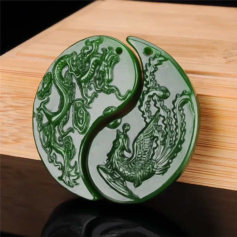 

Set Natural Green Hand Carved Dragon and Phoenix Jade Pendant Fashion Boutique Jewelry Men's and Women's Necklace Accessories