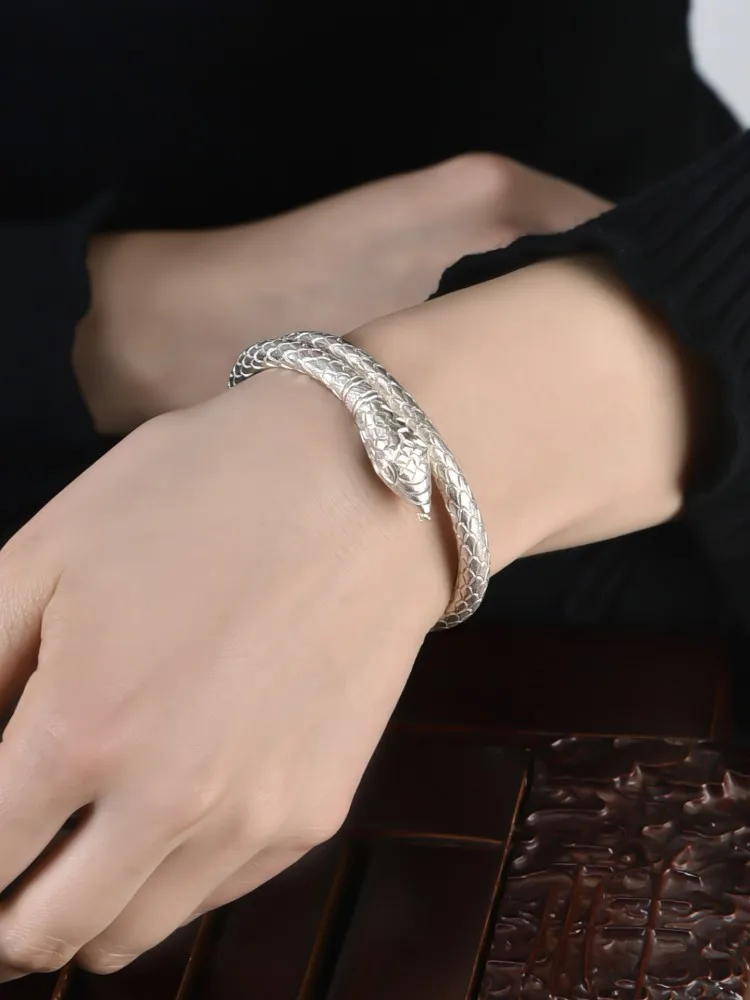 Women Handmade Customized 999 Pure Silver Snake Shaped Bracelet Sterling Silver Opening Cuff Bracelets Lady Design High Quality