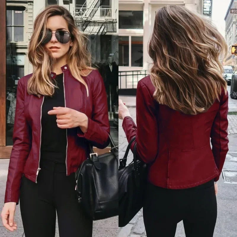 Jaqueta de couro PU com bolsos femininos, manga comprida, casacos com zíper, outwear monocromático, tendência casual, blazer fashion, outono