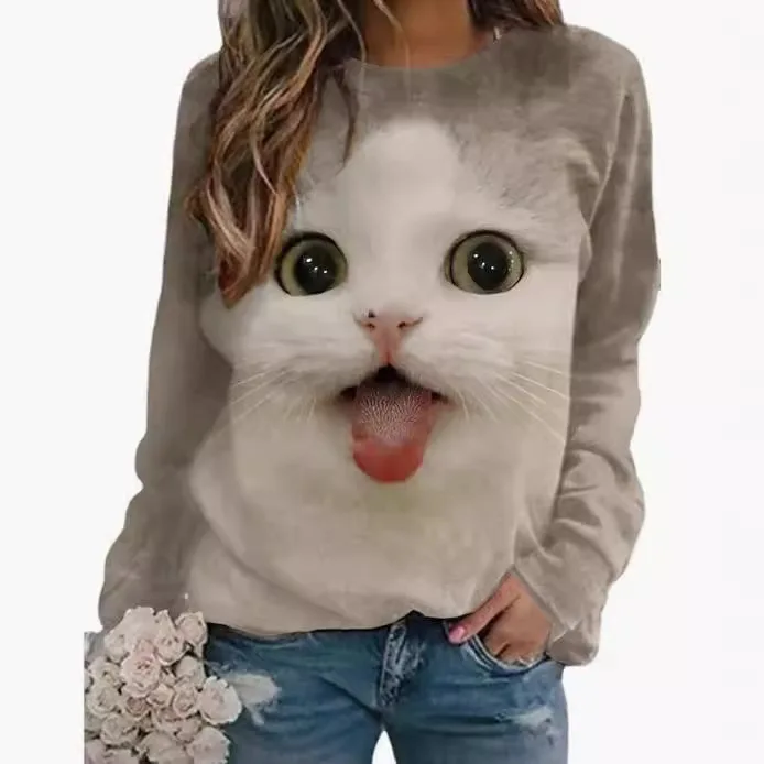 Spring and Autumn European and American new round neck women\'s top 3D printed hooded T-shirt long sleeved animal cat hoodie