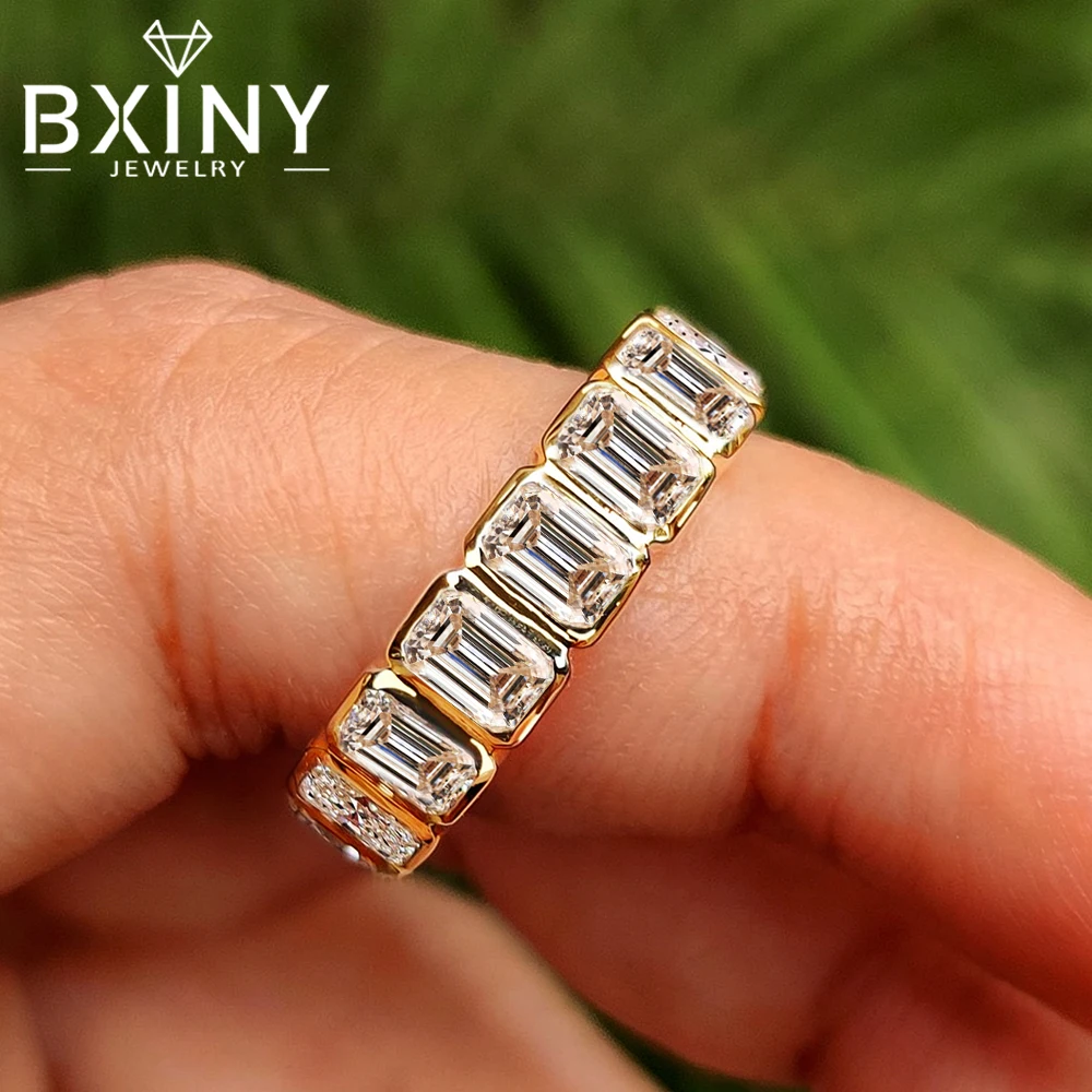 BXINY 3*4mm Emerald Cut All Moissanite Half Eternity Ring S925 Silver 7-Stone Diamond Wedding Band  for Women Gifts Fine Jewelry