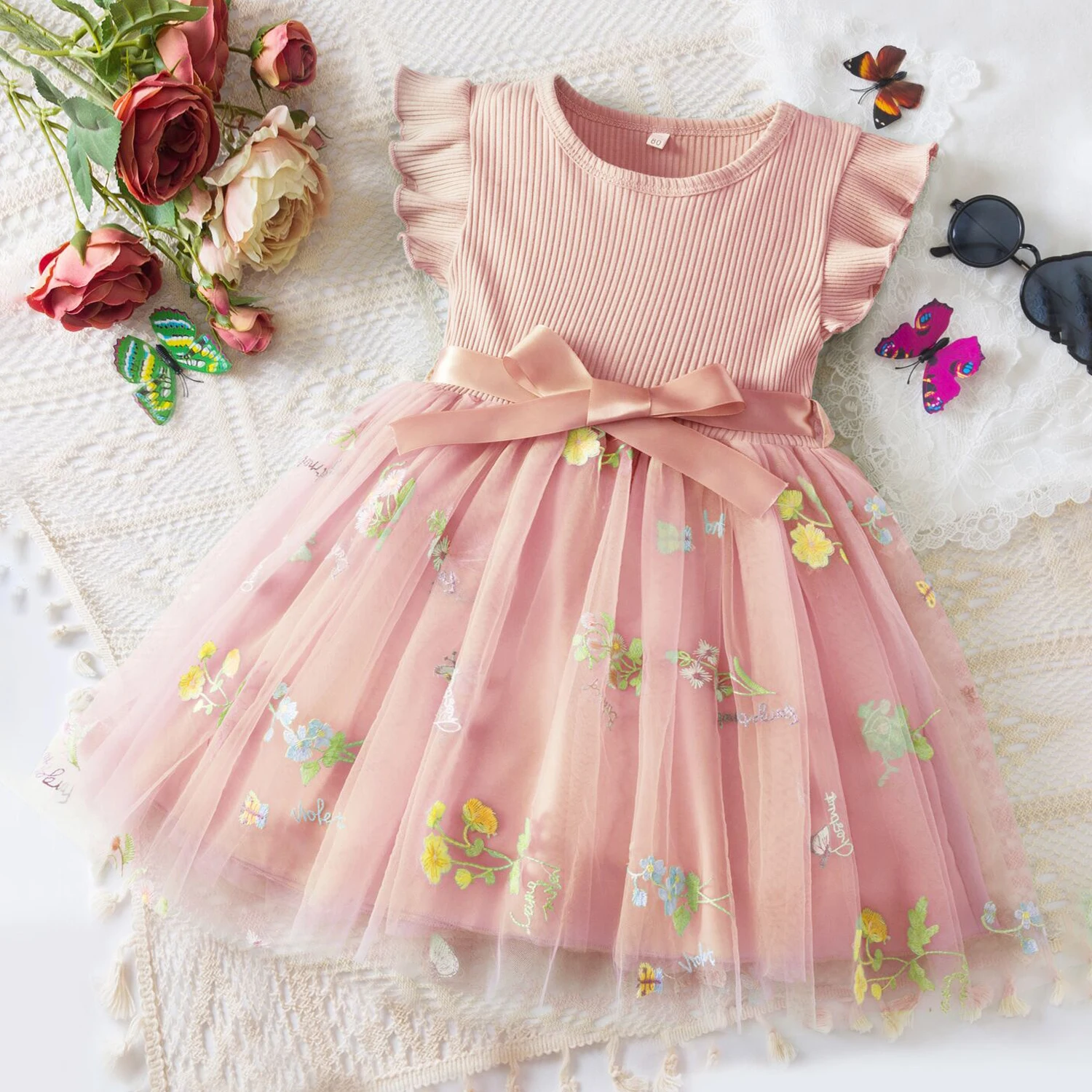 Baby Girls Birthday Princess Dress Flower Embroidered Flying Sleeve Mesh Dress Infant Summer Girls Party Beach Holiday Clothing