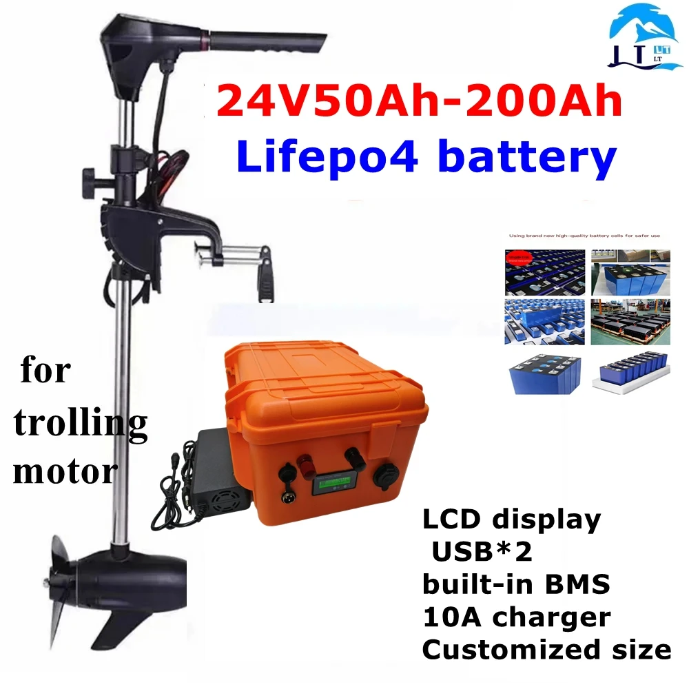 Batterie au lithium étanche Lifepo4, 24V, 50Ah, 60Ah, 80Ah, 100Ah, 120Ah, 150Ah, 200Ah, BMS pour moteur de pêche à la traîne Si