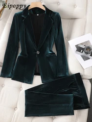 Autumn Winter Ladies Striped Pant Suit Women Business Work Wear Blazer And Trouser Wine Black Green Blue Formal 2 Piece Set
