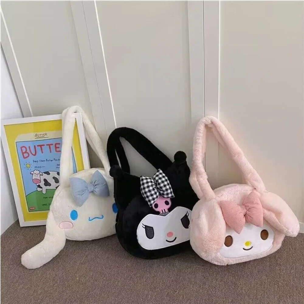 MINISO Sanrio Plush Bag Cute Exquisite Shoulder Handle Crossbody Cartoon Big Head Soft My Melody Cinnamoroll Kuromi Girl Gift