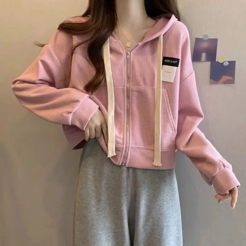 قميص نسائي بغطاء للرأس برسومات Y2K مع سحاب للنساء مقاس كبير بدون غطاء للرأس رياضي مبطن بأكتاف مفتوحة ورسومات بني دافئ #4