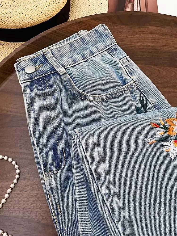 National Style Embroidered Fashion Jeans for Women Spring Summer 2024 New Wide Leg Straight High Waist All-Matching Denim Pants