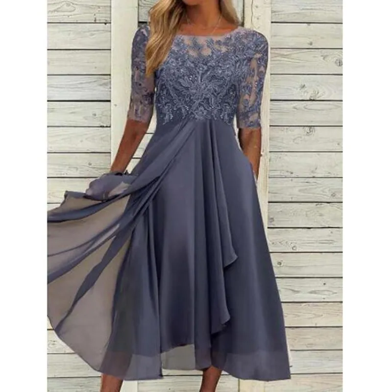Damen Chiffon-Kleid mit Spitzenbesatz und Aushöhlungen, Langes Abendkleid für Brautjungfern und Partys