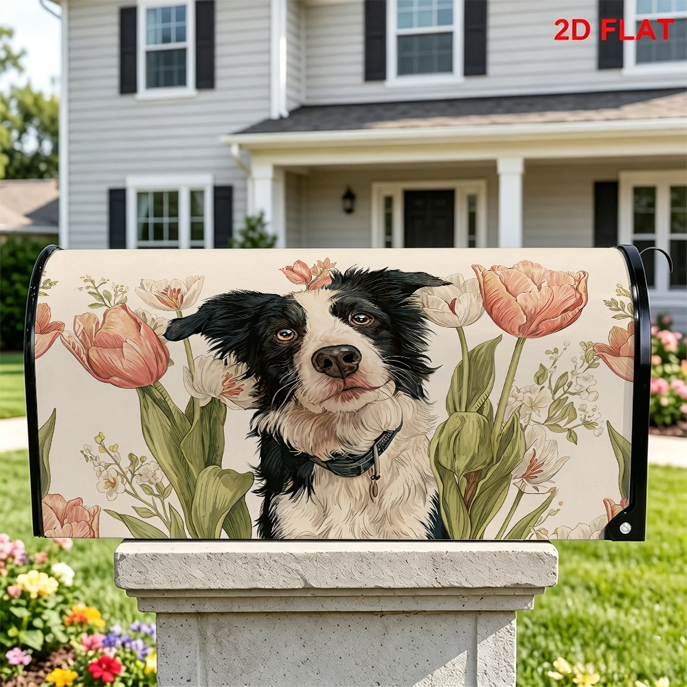Vintage Tulip Floral Border Collie Mailbox Cover, Pet Flower Printed Mailbox Decor