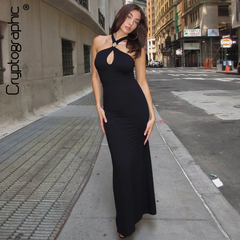

Cryptographic Summer Elegant Backless Halter Black Dress Party Club Outfits Women Sexy Maxi Dresses Gown Vestido Holiday Clothes