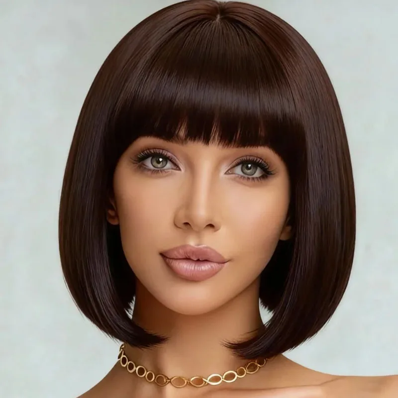 

12 inch brown straight tube women's synthetic wig, made of high-temperature fiber, fashionable and multifunctional for daily use