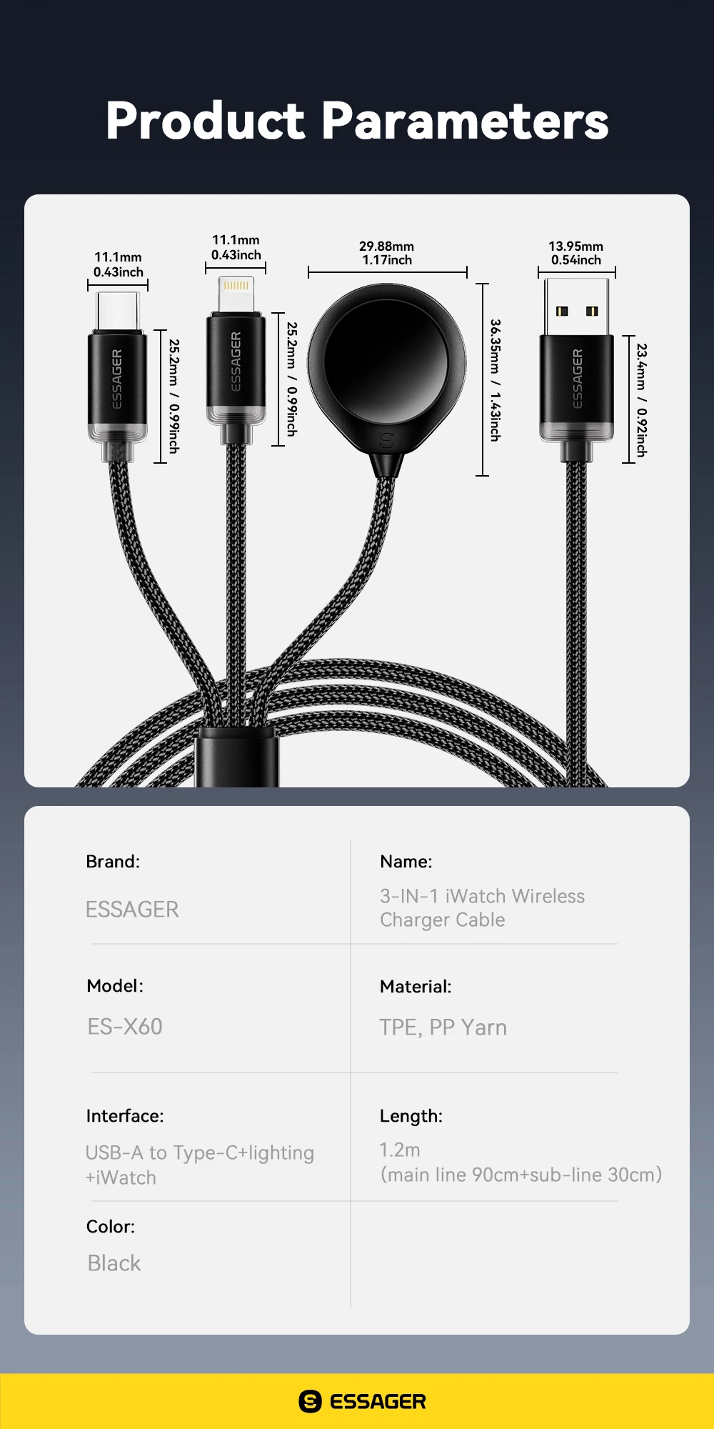 Essager 3 in 1 Multi USB A Charging Cable for Apple iWatch iPhone 16/15/14/13 Pro With USB Type C Lightning Fast Charging Cable