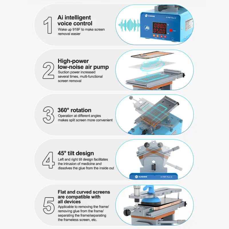 SUNSHINE S-918F Plus Ai 5-in-1 Curved Screen Separator with High-power Low-noise Air Pump AI Intelligent Voice Frame Remover