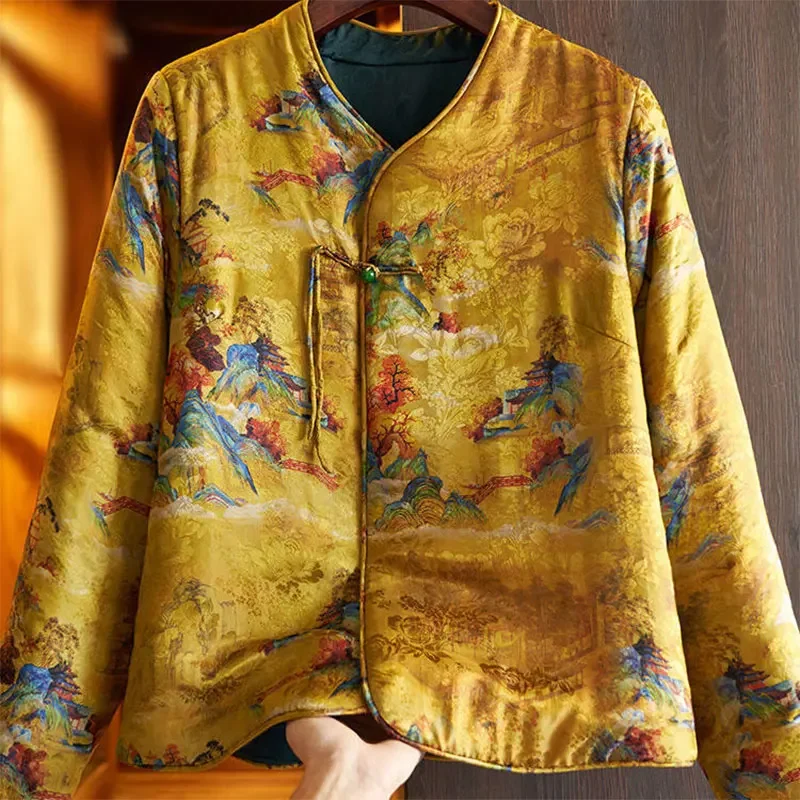 

Autumn Winter Arts Style Women Long Sleeve Thicken Cotton Short Coat Vintage Print Single Button V-neck Jackets JJ665