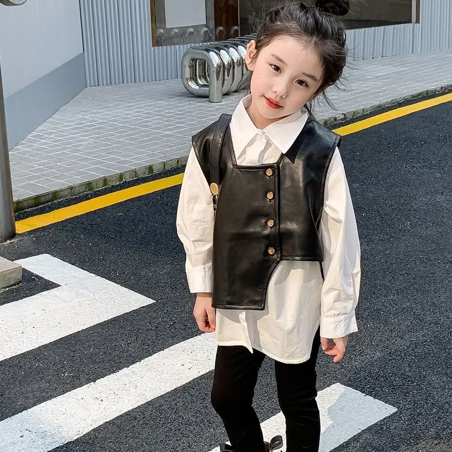 Spring and Autumn Girls' Shirt New Baby Stylish Leather Jacket Vest Shirt Two Piece Set for Middle aged Children