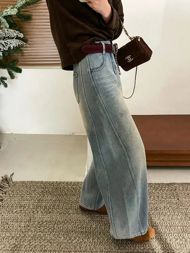 

Ретро Fce Lined Thi Широкие джинсовые джинсы Женские зимние модные брюки прямого кроя с высокой талией Европейские женские брюки J...