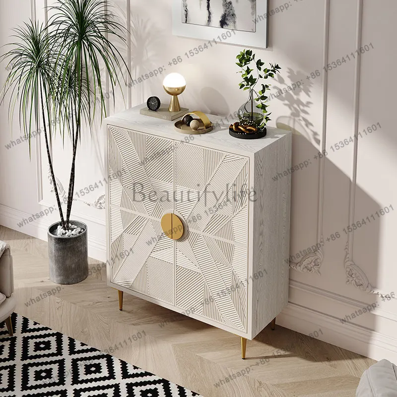 

American light luxury home entrance cabinet household living room solid wood carving flower antique side cabinet