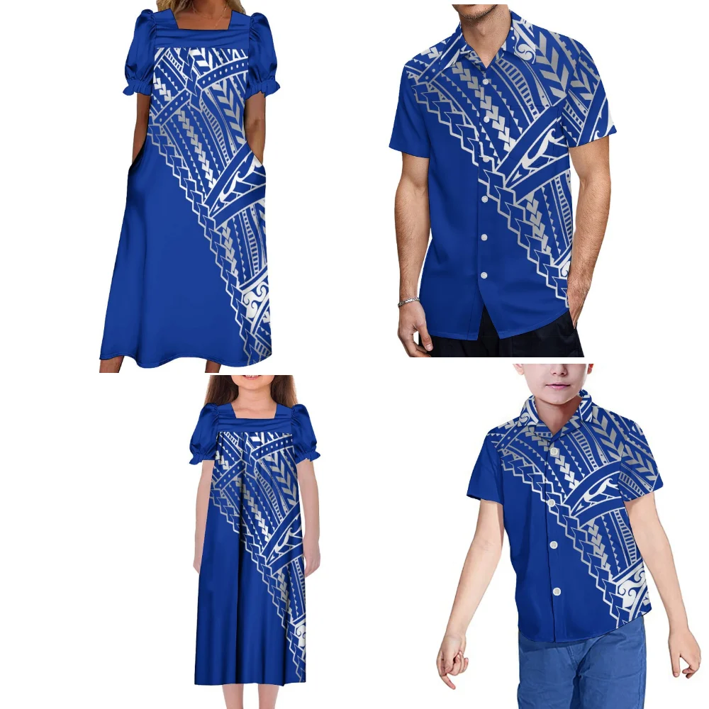Microsia Square Collar Mumu Women\'S Dress Girls\' Dress Men\'S Shirt Boys\' Shirt Custom Polynesian Family Dress Soft Short Sleeves